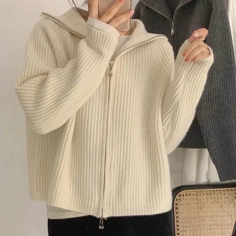 Sweater Cardigan Women Spring New Solid Vintage All-match Elegant Zipper Loose Daily Soft Sweet Simple Casual Knitwear Chic Teen - AIAZ