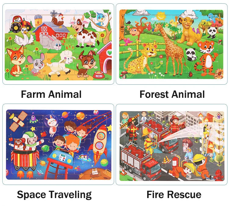 30Pieces Montessori Baby Toys Wooden 3d Puzzle Cartoon Animal Vehicle Cognition Wood Puzzle Learning Educational Toys for Kids