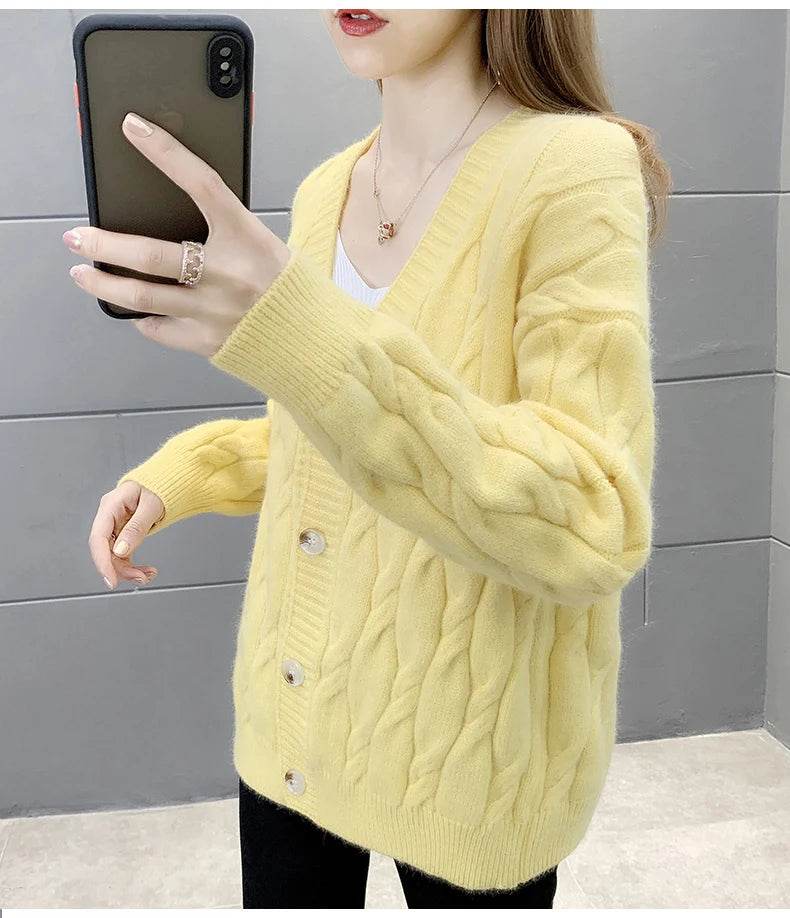 Women's Knitted Cardigan Sweater Loose Fashion New Autumn And Winter Western Style Casual Jacket Coat Women - AIAZ