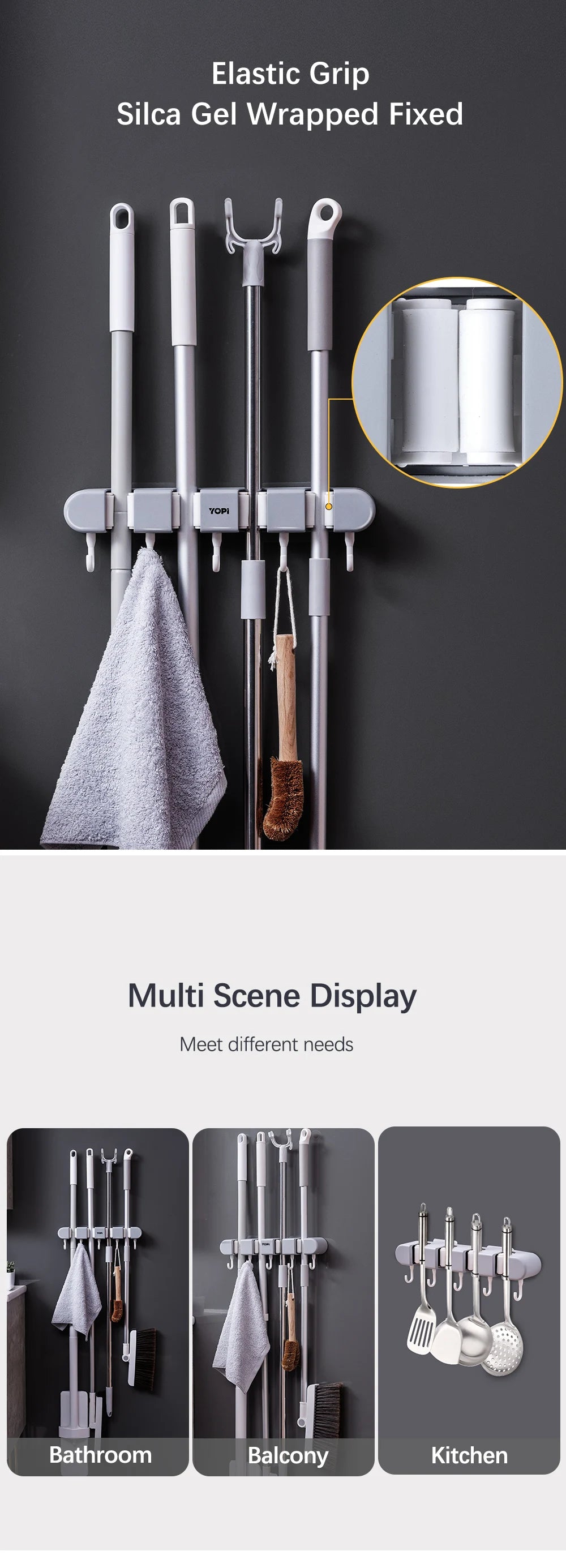 Wall Mounted Mop Storage Shelf  Rack Broom Organizer Hooks Holder Self-Adhesive Bathroom Kitchen Garden Garage Storage Tool
