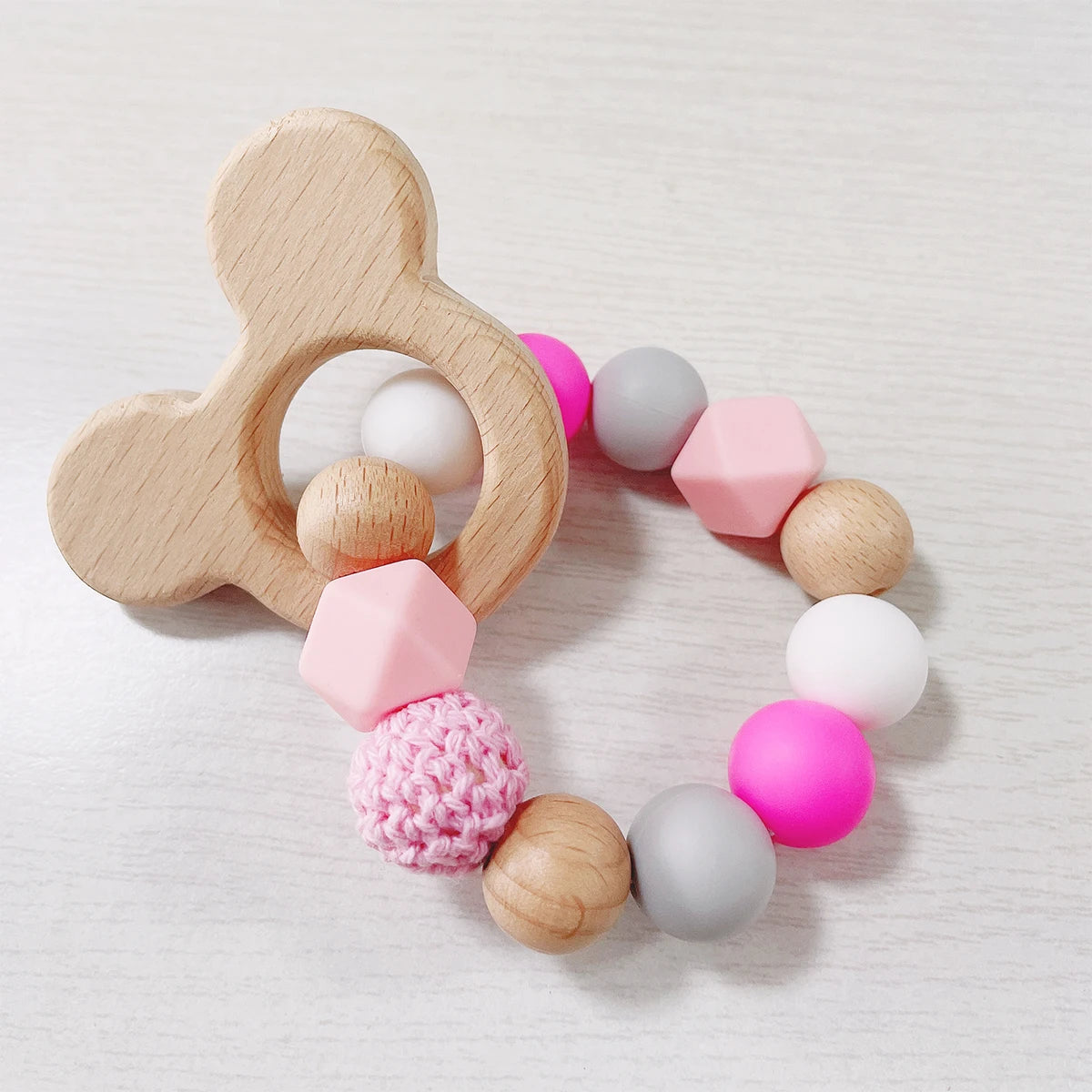 Baby Teether Bracelet Crochet Wood Crafts Engraved Bead Food Grade Silicone Beads Wood Animal Pendant Teething Toys For Rattle