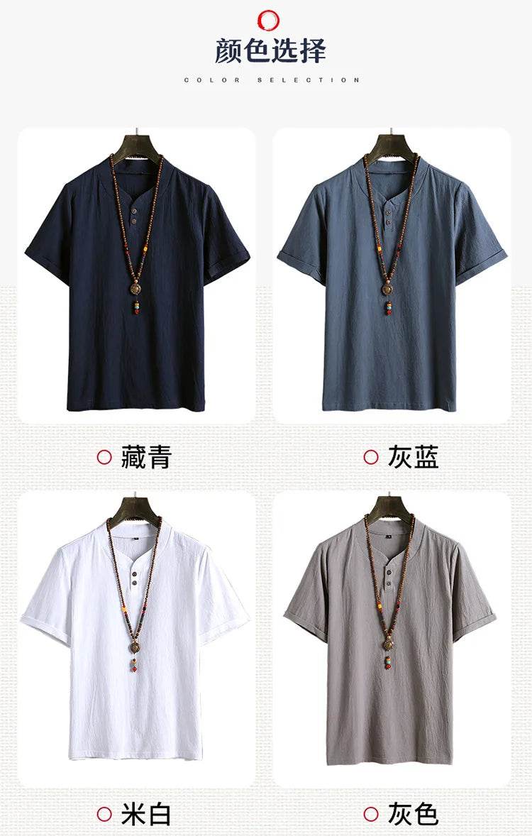 (Shirt + trousers) summer fashion men shirt Man Cotton and linen shirts Short sleeve men's casual shirts men full size M-5XL - AIAZ