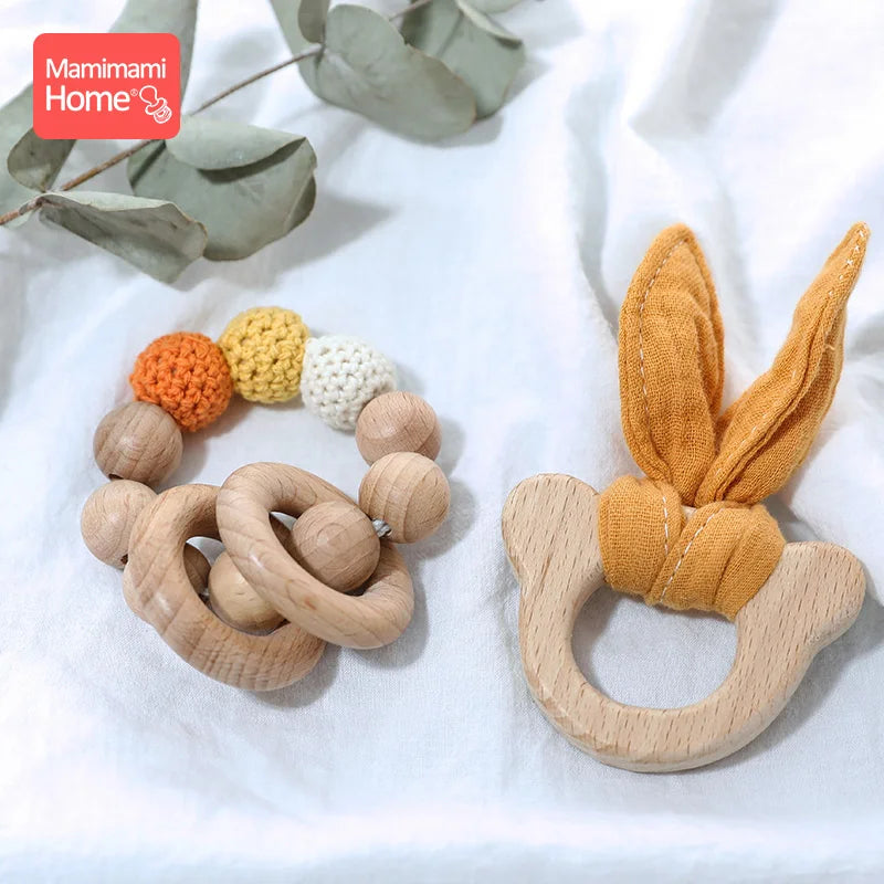 1 Set Baby Wooden Teether Crochet Beads Pacifier Chain Clip Wood Elephant Teething Bracelet Music Rattle Montessori Baby Product