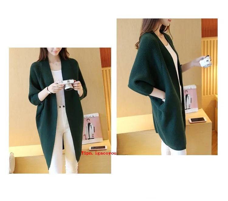 2023 Long Cardigan Women Sweater Autumn Winter Bat Sleeve Knitted Sweater Femme Jacket Loose Ladies Sweaters Cardigans New - AIAZ