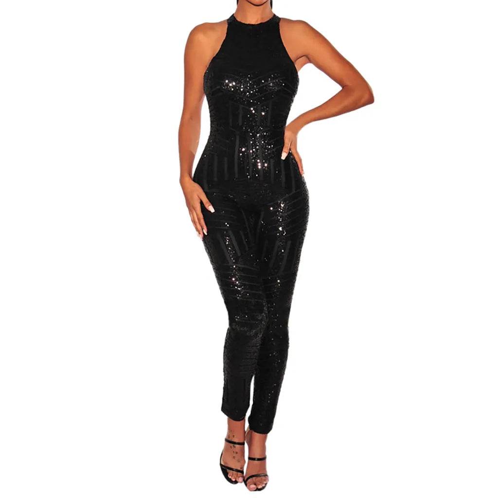 Sequin Off Shoulder Women Jumpsuit O-neck Sleeveless Casual Jumpsuits Rompers Sexy Clubwear Party Playsuits Combinaison Femme - AIAZ