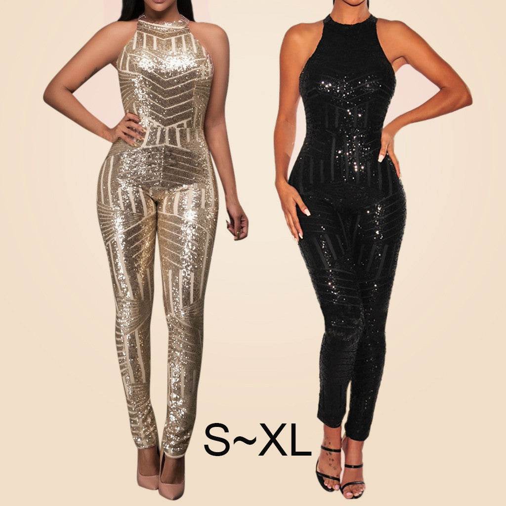 Sequin Off Shoulder Women Jumpsuit O-neck Sleeveless Casual Jumpsuits Rompers Sexy Clubwear Party Playsuits Combinaison Femme - AIAZ