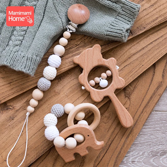 1 Set Baby Wooden Teether Crochet Beads Pacifier Chain Clip Wood Elephant Teething Bracelet Music Rattle Montessori Baby Product