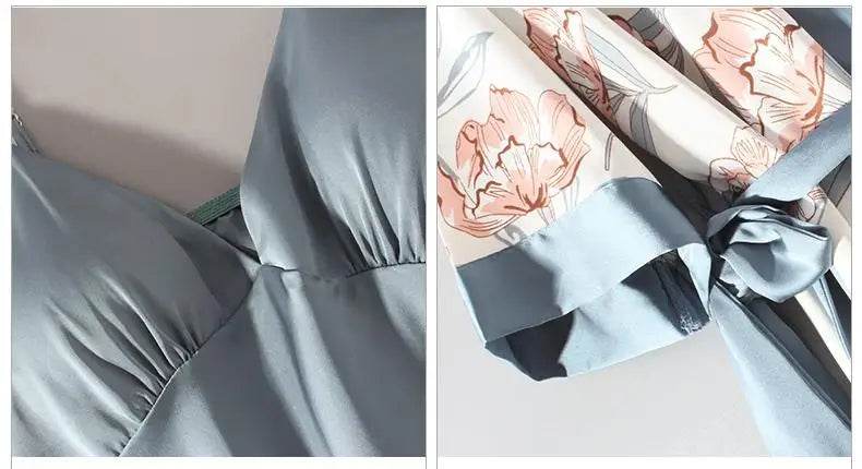 Pajamas Set Women Sleepwear Casual Satin Robe Suit Nightwear Lounge Wear V-neck Soft Pyjamas Kimono Bathrobe Gown Lingerie - AIAZ