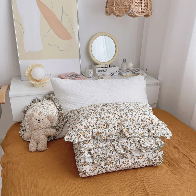 Korean Vintage Floral Printed Ruffled Cotton Baby Duvet Cover Kids Children Infant Cot Crib Duvet Covers Quilt Cover Bedding