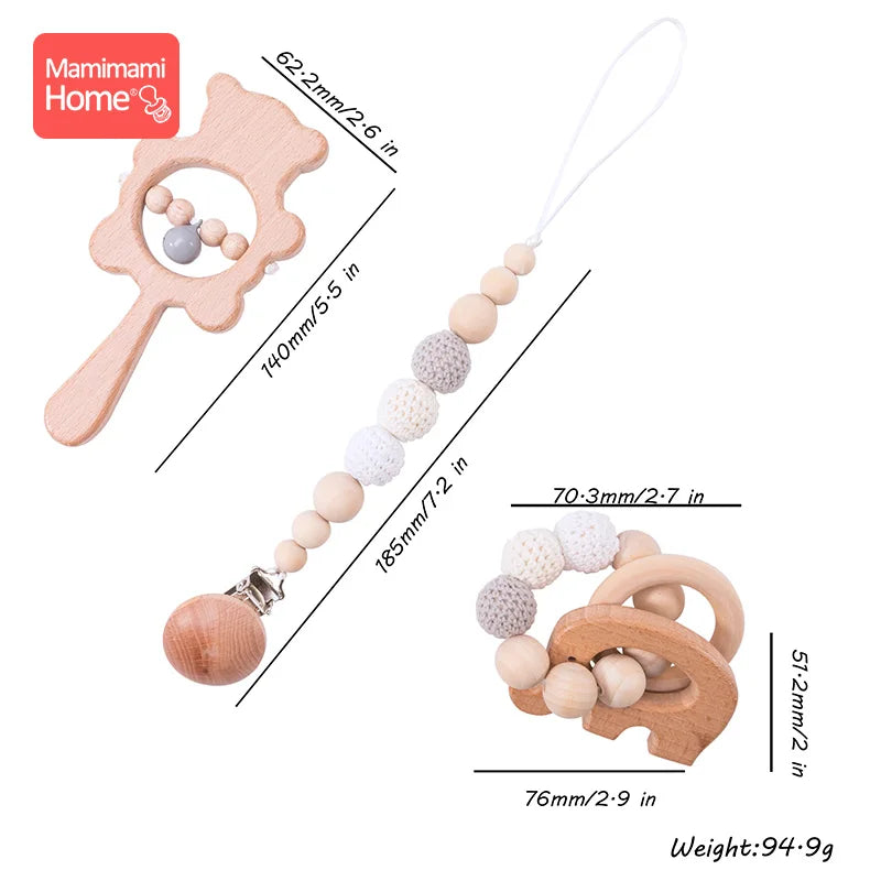1 Set Baby Wooden Teether Crochet Beads Pacifier Chain Clip Wood Elephant Teething Bracelet Music Rattle Montessori Baby Product