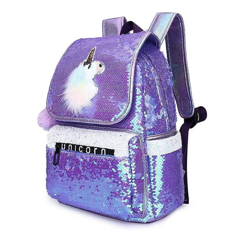 3pcs/set Sequins Unicorn Backpack Fashion Girl Glitter School Book Bag Girls Cute Hologram Laser PU Leather Travel Backpacks - AIAZ
