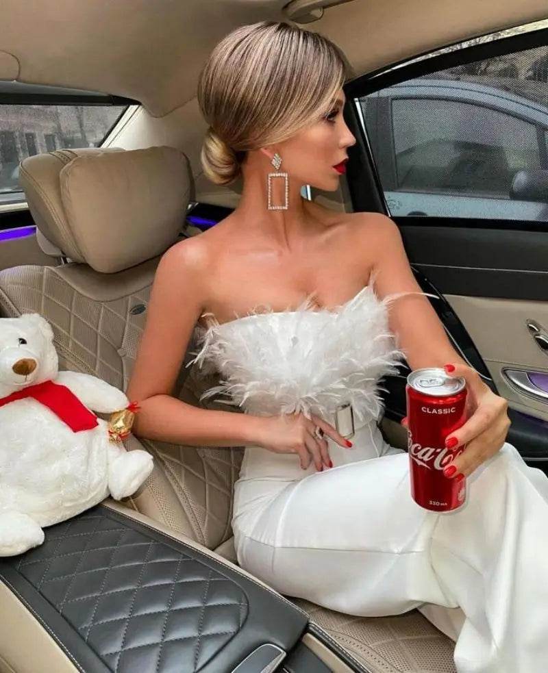 Jumpsuit Women Elegant Long Jumpsuit Strapless Slash Neck Feather Tube Top Sexy Fashion Party Night Evening Jumpsuit 2021 Summer - AIAZ