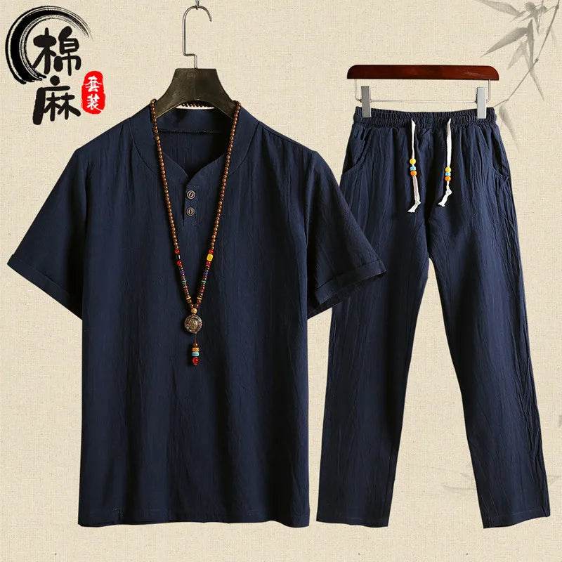 (Shirt + trousers) summer fashion men shirt Man Cotton and linen shirts Short sleeve men's casual shirts men full size M-5XL - AIAZ