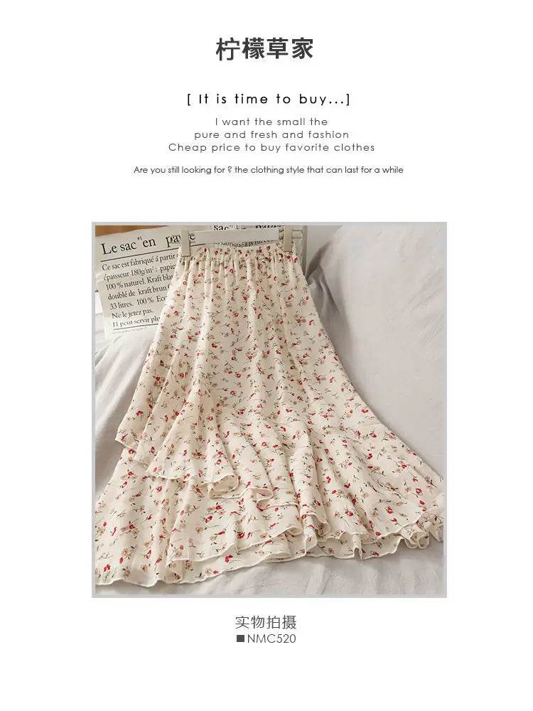 Skirts Women High Waist All-match Fashion Elegant Female Chiffon Flower Lovely Irregular Hem Ruffles Chic Streetwear Leisure - AIAZ