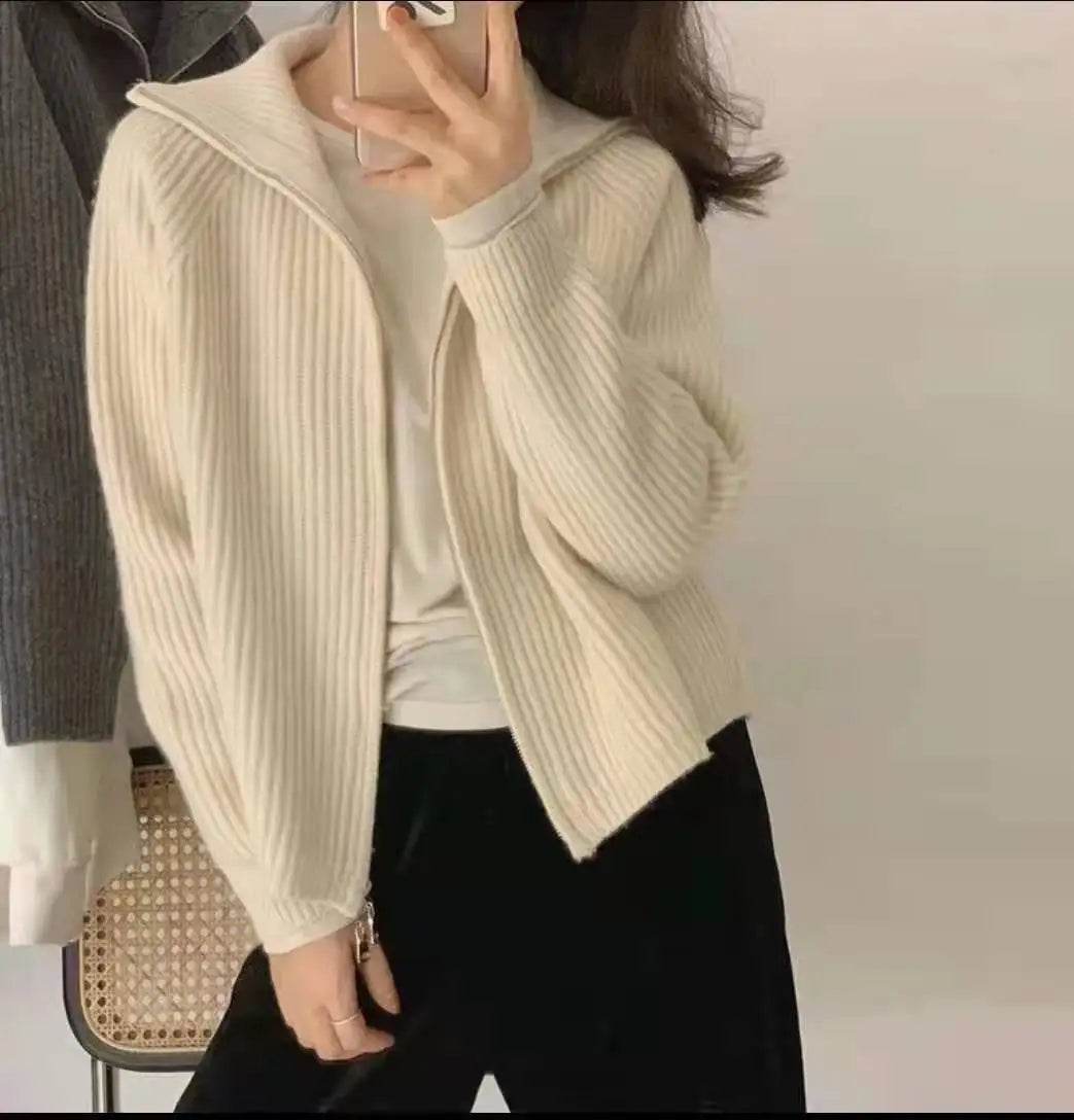 Sweater Cardigan Women Spring New Solid Vintage All-match Elegant Zipper Loose Daily Soft Sweet Simple Casual Knitwear Chic Teen - AIAZ