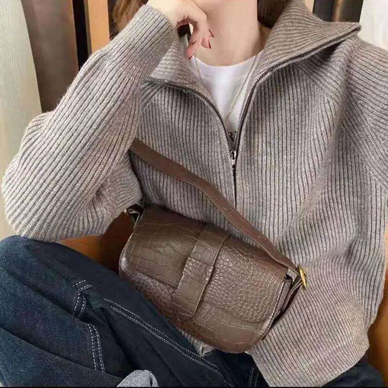Sweater Cardigan Women Spring New Solid Vintage All-match Elegant Zipper Loose Daily Soft Sweet Simple Casual Knitwear Chic Teen - AIAZ