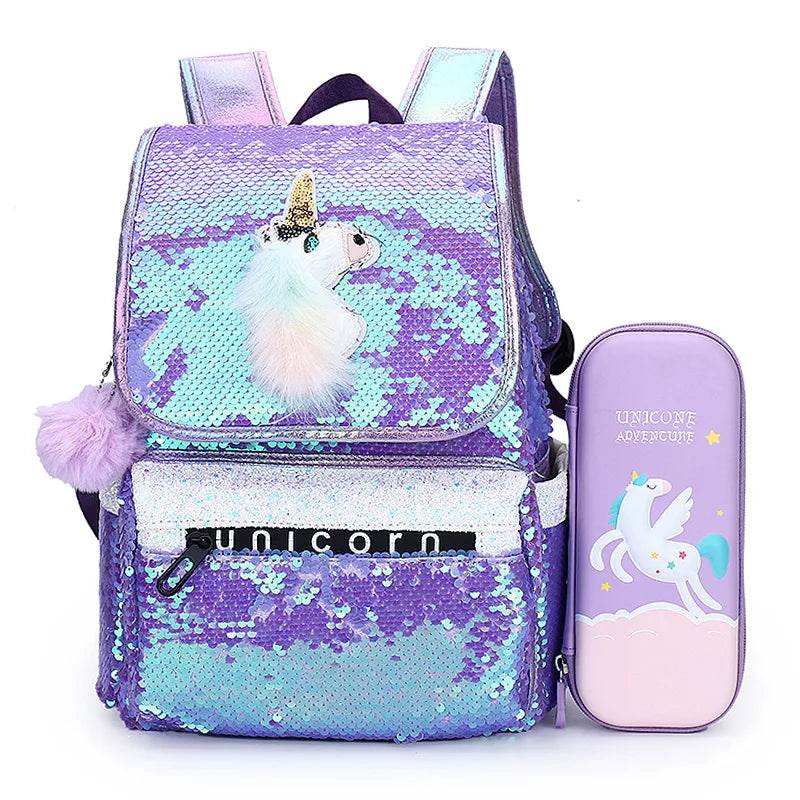 3pcs/set Sequins Unicorn Backpack Fashion Girl Glitter School Book Bag Girls Cute Hologram Laser PU Leather Travel Backpacks - AIAZ