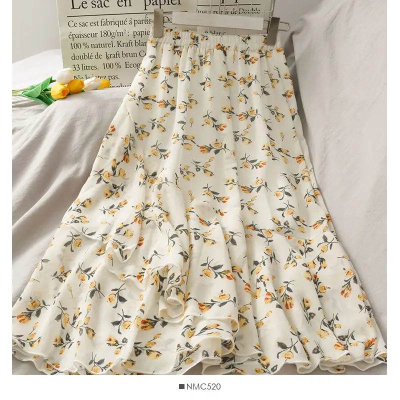 Skirts Women High Waist All-match Fashion Elegant Female Chiffon Flower Lovely Irregular Hem Ruffles Chic Streetwear Leisure - AIAZ