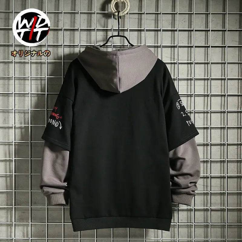 Spring /Autumn Men's Sweater Retro Mock Two-Piece Hooded Korean Hip Hop Print Sweatshirt Loose Hoodie Male Fleece Padded Jacket - AIAZ