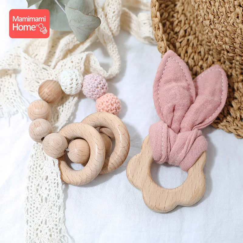 1 Set Baby Wooden Teether Crochet Beads Pacifier Chain Clip Wood Elephant Teething Bracelet Music Rattle Montessori Baby Product
