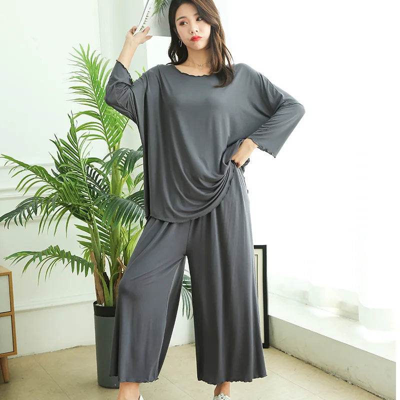 PLUS size home suits women autumn new loose long-sleeved pajamas two-piece set nine-point wide leg pants pijama sleepwear femme - AIAZ