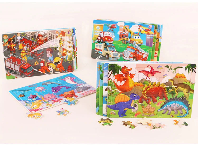 30Pieces Montessori Baby Toys Wooden 3d Puzzle Cartoon Animal Vehicle Cognition Wood Puzzle Learning Educational Toys for Kids