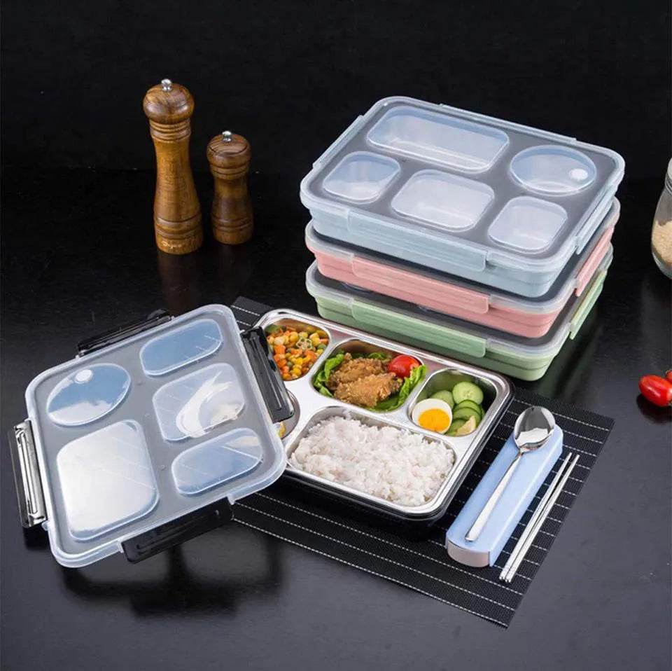 BOZZH Stainless Steel Lunch Box Bento Box For Kids 5 Microwave Plastic Food Container With Compartment Leak-Proof Food Box - AIAZ