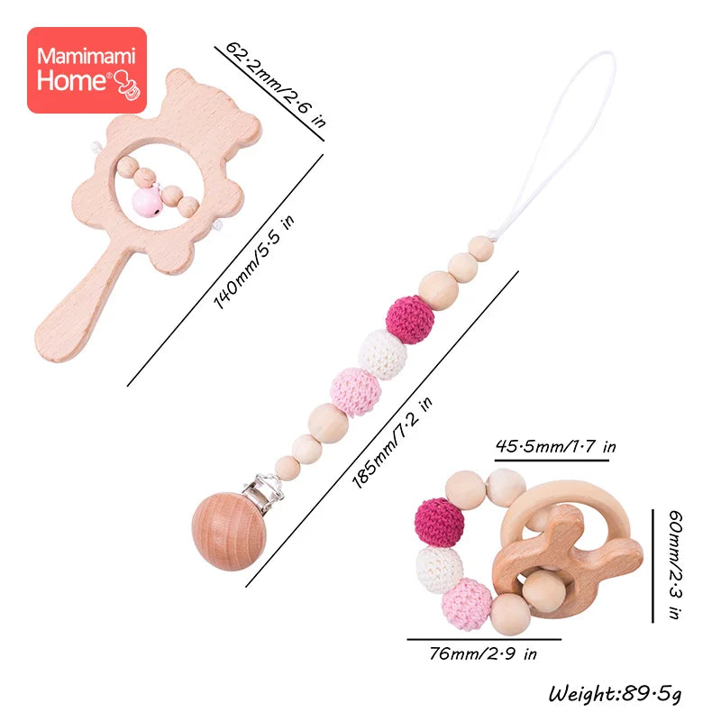 1 Set Baby Wooden Teether Crochet Beads Pacifier Chain Clip Wood Elephant Teething Bracelet Music Rattle Montessori Baby Product