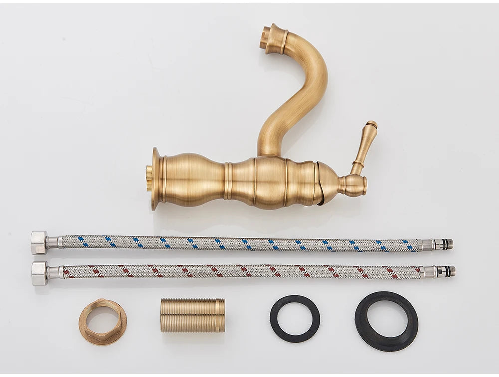 POIQIHY Antique Brass Basin Vessel Sink Faucet Deck Mounted One Hole Cold Hot Water Cold Hot Mixer Tap Bathroom Faucet  1 Hole