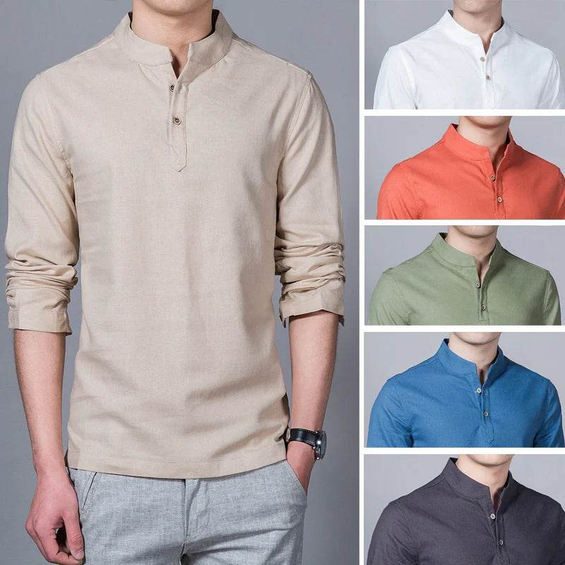 Men's Clothing Men Spring Tops & Tees Male Fashion T-Shirts Stand Collar Long-sleeved Slim Base Shirt Homme Linen t-shirt - AIAZ
