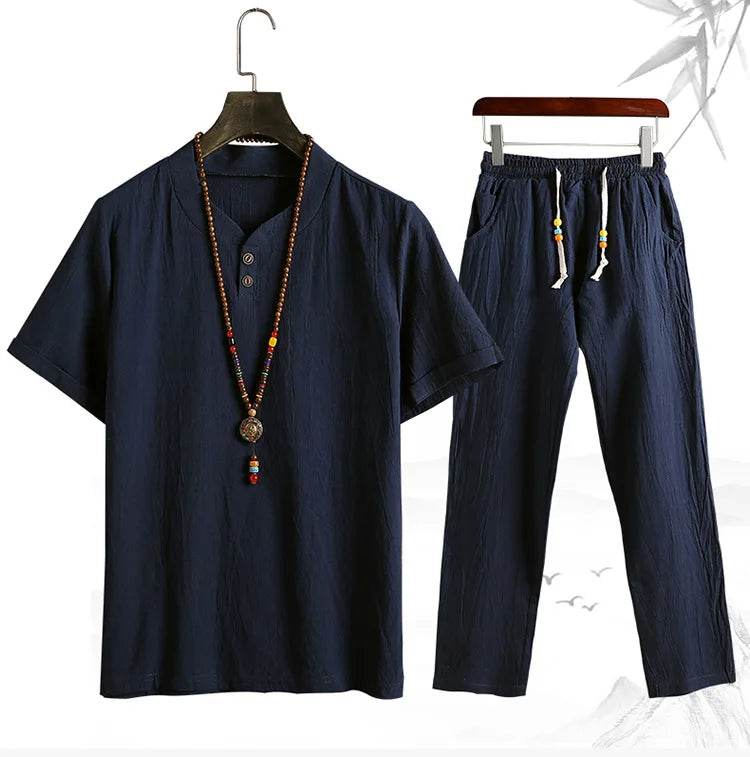 (Shirt + trousers) summer fashion men shirt Man Cotton and linen shirts Short sleeve men's casual shirts men full size M-5XL - AIAZ