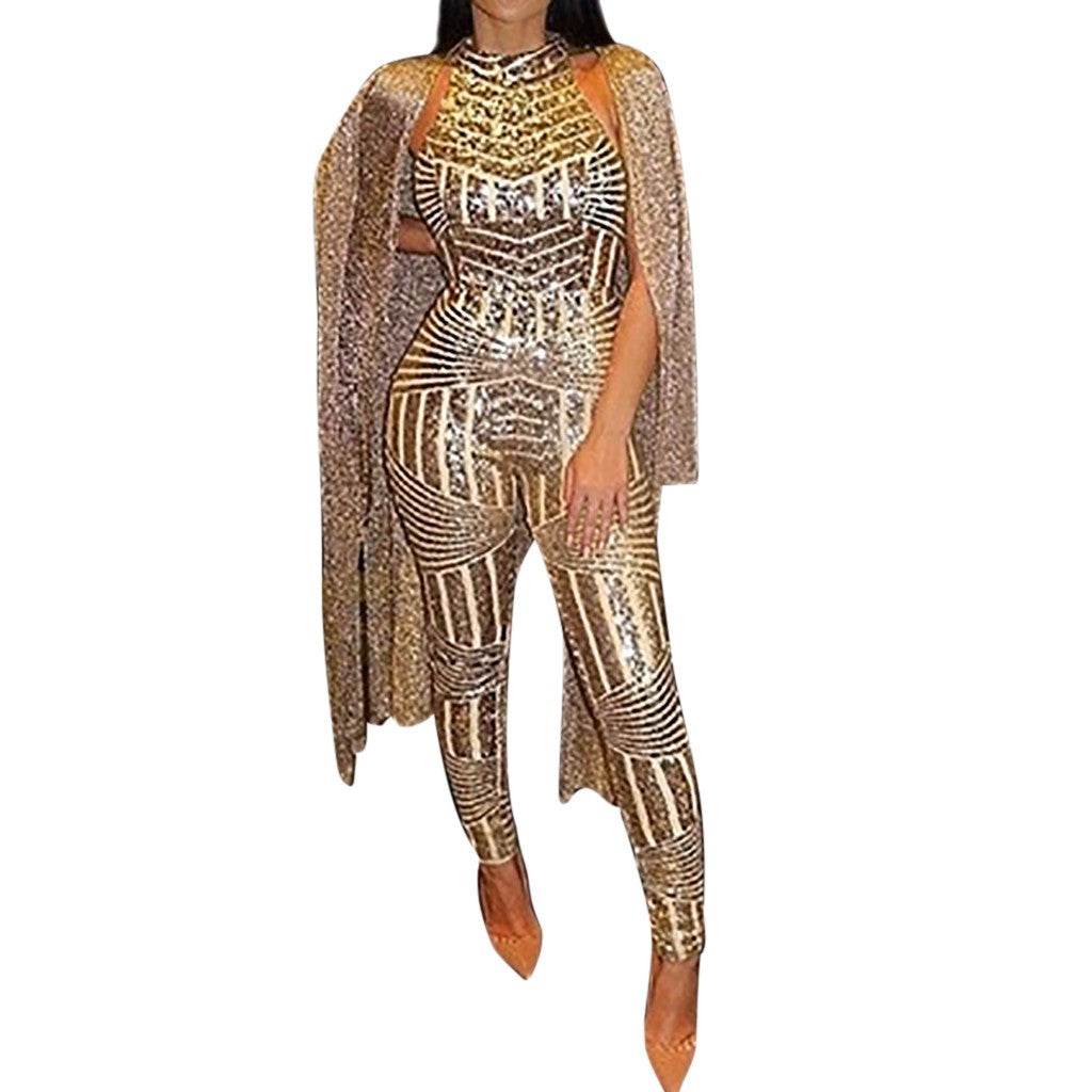 Sequin Off Shoulder Women Jumpsuit O-neck Sleeveless Casual Jumpsuits Rompers Sexy Clubwear Party Playsuits Combinaison Femme - AIAZ