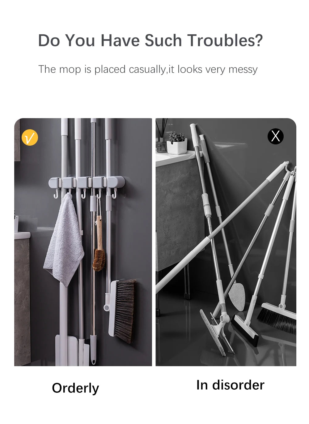 Wall Mounted Mop Storage Shelf  Rack Broom Organizer Hooks Holder Self-Adhesive Bathroom Kitchen Garden Garage Storage Tool