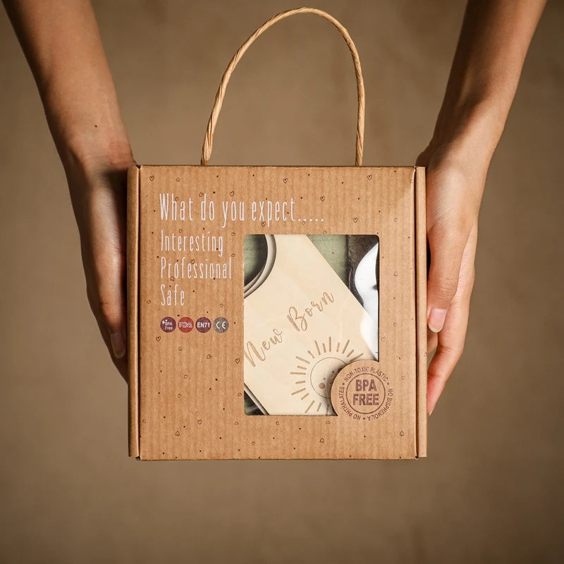 Baby Bathing Mouth Water Towel Pacifier Set Baby Full Moon Milestone Cards Wood Ring Rattle Bath Towel Wool Brush Birthday Gifts