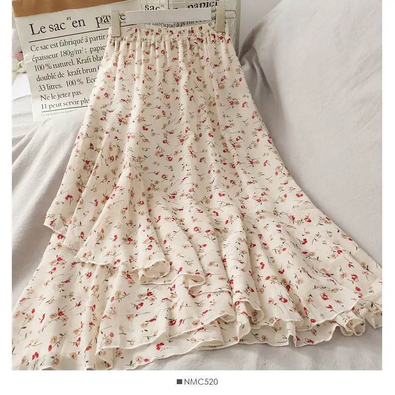 Skirts Women High Waist All-match Fashion Elegant Female Chiffon Flower Lovely Irregular Hem Ruffles Chic Streetwear Leisure - AIAZ