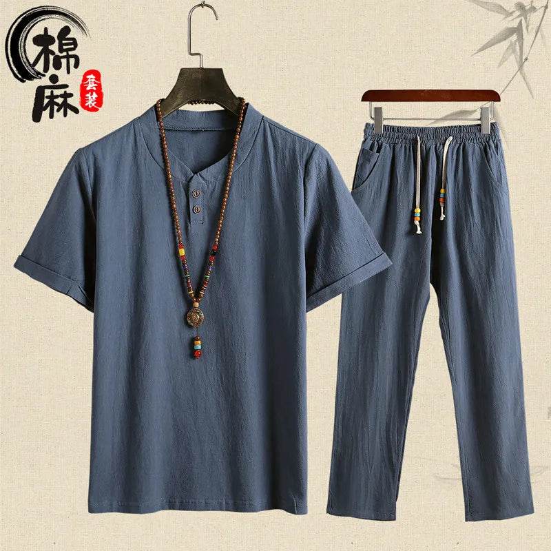 (Shirt + trousers) summer fashion men shirt Man Cotton and linen shirts Short sleeve men's casual shirts men full size M-5XL - AIAZ