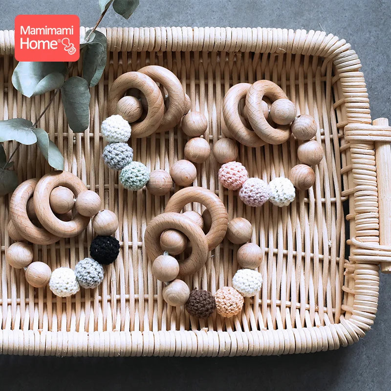 1 Set Baby Wooden Teether Crochet Beads Pacifier Chain Clip Wood Elephant Teething Bracelet Music Rattle Montessori Baby Product
