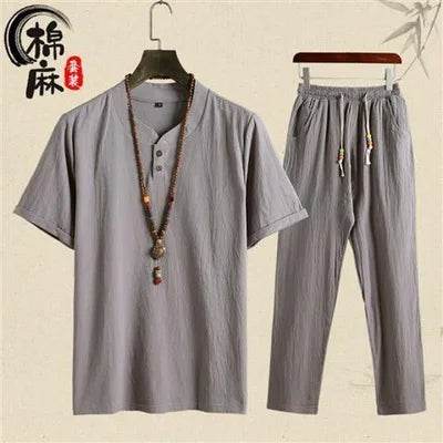 (Shirt + trousers) summer fashion men shirt Man Cotton and linen shirts Short sleeve men's casual shirts men full size M-5XL - AIAZ