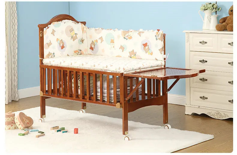 6 in 1 Convertible Crib and Changer, Multifunctional Pine Wood Baby Bed, 115*67*104CM, Newborn Cradle Cot