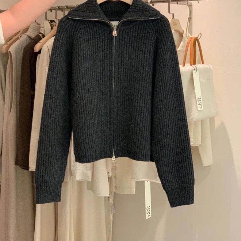 Sweater Cardigan Women Spring New Solid Vintage All-match Elegant Zipper Loose Daily Soft Sweet Simple Casual Knitwear Chic Teen - AIAZ