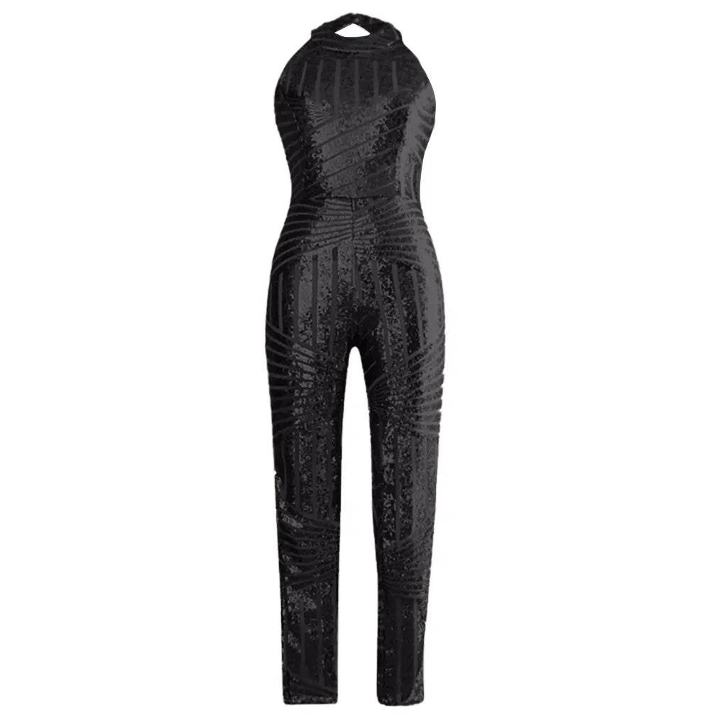 Sequin Off Shoulder Women Jumpsuit O-neck Sleeveless Casual Jumpsuits Rompers Sexy Clubwear Party Playsuits Combinaison Femme - AIAZ