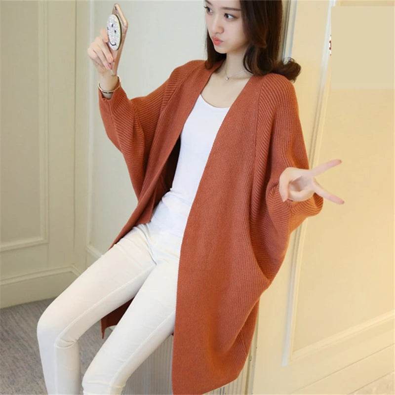 2023 Long Cardigan Women Sweater Autumn Winter Bat Sleeve Knitted Sweater Femme Jacket Loose Ladies Sweaters Cardigans New - AIAZ