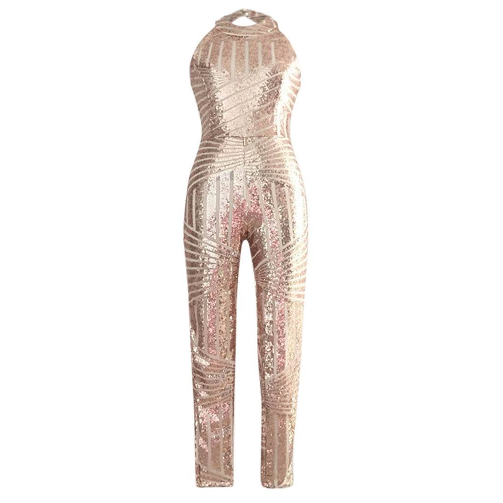 Sequin Off Shoulder Women Jumpsuit O-neck Sleeveless Casual Jumpsuits Rompers Sexy Clubwear Party Playsuits Combinaison Femme - AIAZ