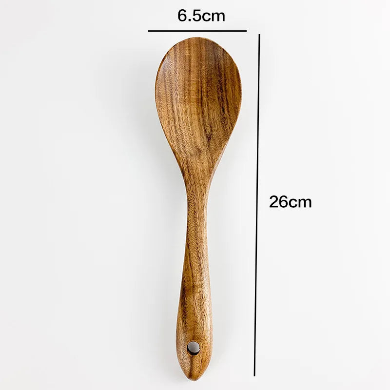 Thailand Teak Natural Wood Tableware Spoon Ladle Turner Long Rice Colander Soup Skimmer Cooking Spoons Scoop Kitchen Tool Set