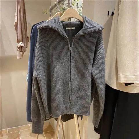 Sweater Cardigan Women Spring New Solid Vintage All-match Elegant Zipper Loose Daily Soft Sweet Simple Casual Knitwear Chic Teen - AIAZ