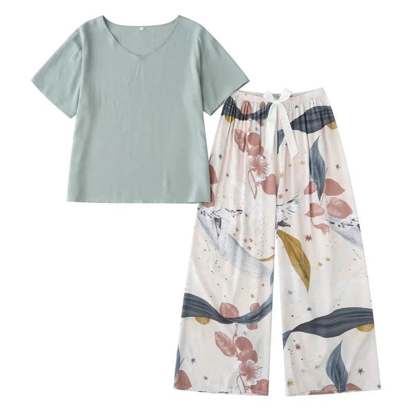Breathable 2PCS Pajama Short Sleeve Printed Pijama Mujer Femme Loose Nightwear Suit Female Casual Homewear Pajama Set For Women - AIAZ