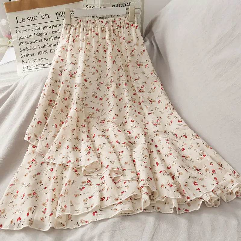 Skirts Women High Waist All-match Fashion Elegant Female Chiffon Flower Lovely Irregular Hem Ruffles Chic Streetwear Leisure - AIAZ