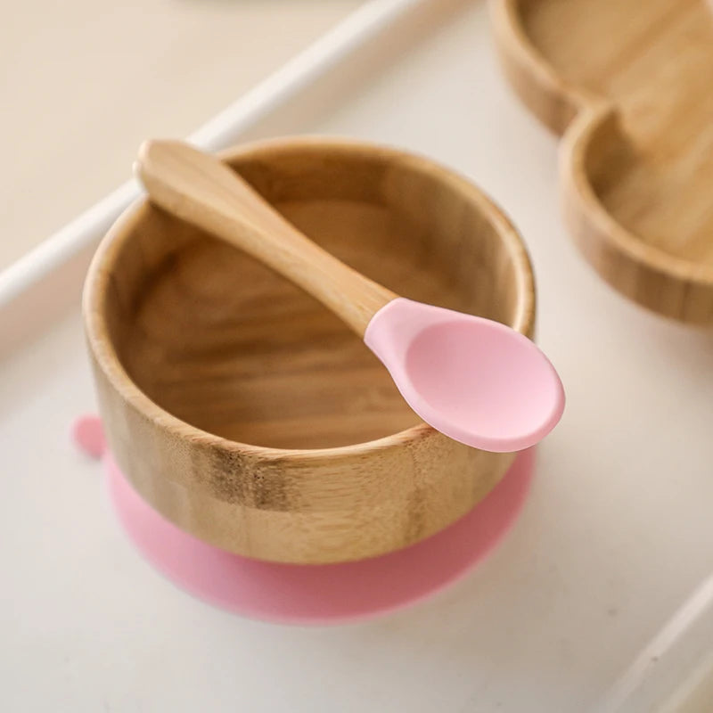 Baby Feeding Bowl Food Tableware Kids Wooden Training Plate Silicone Suction Cup Removable Wooden Fork Spoon Children's Dishes