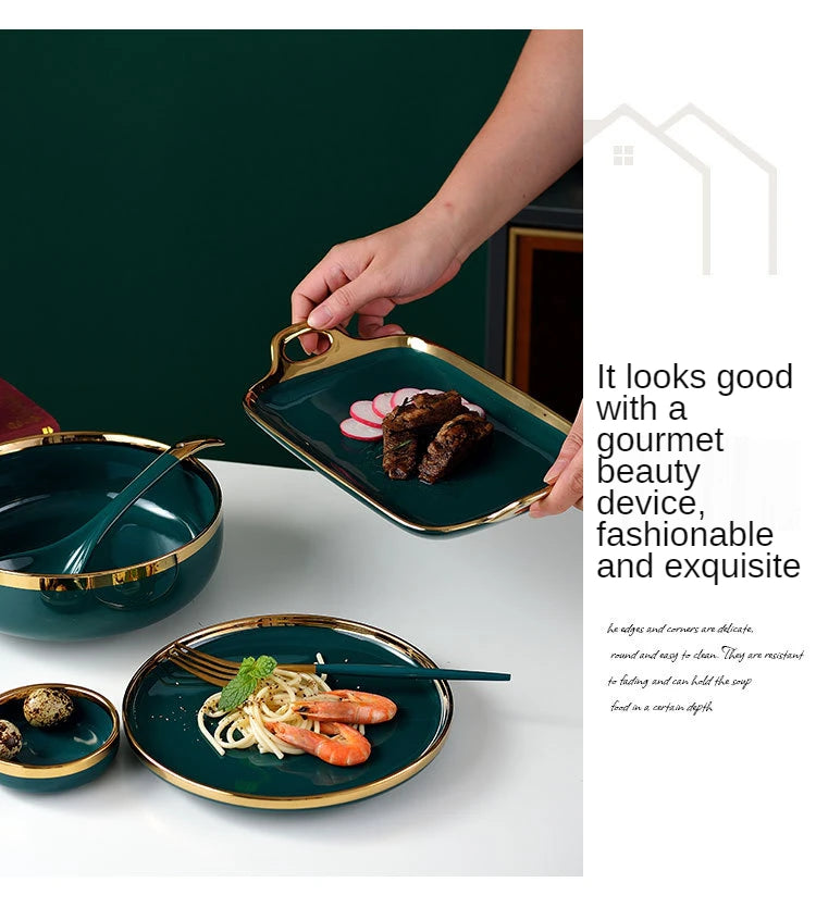 18 pcs Ceramic Tableware Set Nordic Green Phnom Penh Salad Plate Soup Rice Bowl Set Household Kitchen Supplies Dinnerware