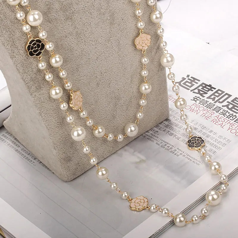 Rose Flower Pearls Long Sweater Necklace Jewelry Camellia Design Wedding Woman Sweater chain Necklace